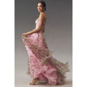 Anthropologie Mac Duggal Multi Pink Strapless Chiffon Maxi Dress Sz 8